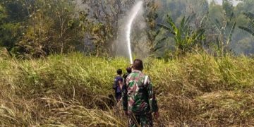 Bersinergi dengan Damkar Ngawi, Yonarmed 12/Divif 2 Kostrad Bantu Padamkan Kebakaran Lahan Warga