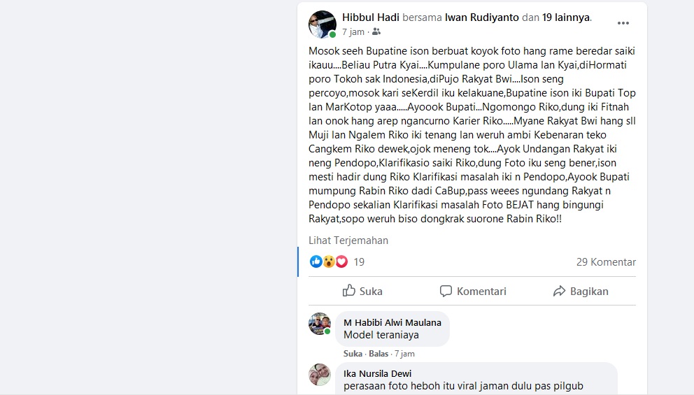 Yakin Foto Tak Senonoh yang Beredar Adalah Hoaks, Netizen Osing Banyuwangi Dorong Bupati Anas Segera Klarifikasi