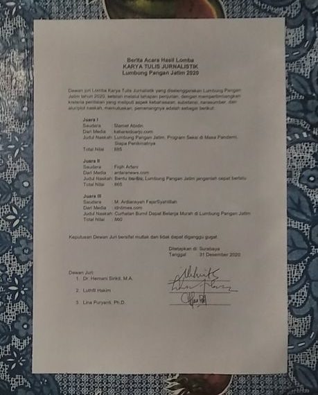 Kabar Sidoarjo Jawara Lomba Karya Tulis Jurnalistik Lumbung Pangan Jatim