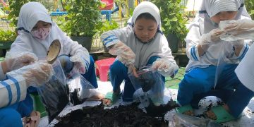 Peringati HPSN Siswa KB-TK Al Muslim Mengolah Sampah Jadi Pupuk