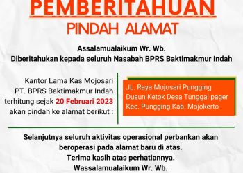 Kantor Kas Mojosari PT BPRS Baktimakmur Indah Pindah di Jalan Raya Mojosari Pungging, Mojokerto
