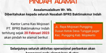 Kantor Kas Mojosari PT BPRS Baktimakmur Indah Pindah di Jalan Raya Mojosari Pungging, Mojokerto
