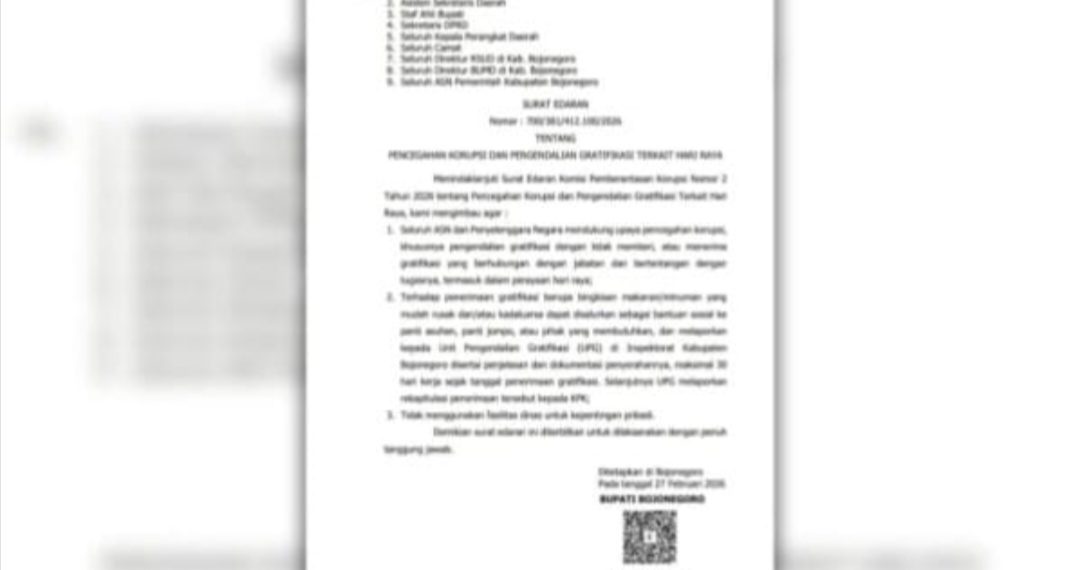 Jelang Lebaran, Bupati Bojonegoro Keluarkan SE Pengendalian Gratifikasi dan Larangan Penggunaan Fasilitas Dinas